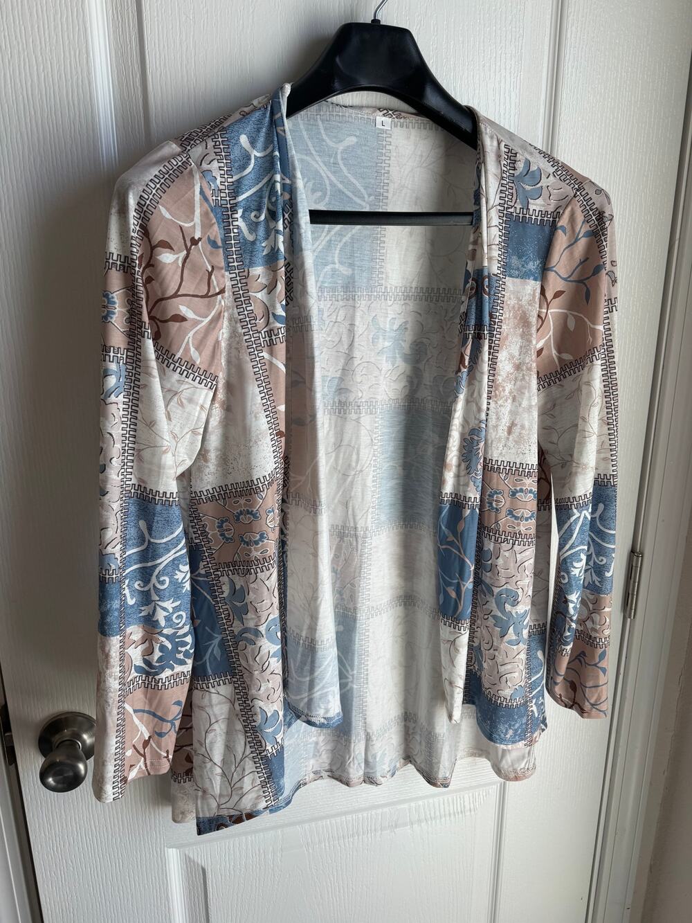 Cardigan SZ L Long Sleeve Blue Beige Patchwork Print Open Front Business Casual